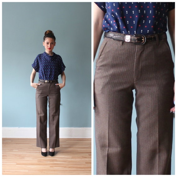 brown pinstriped pants outfit