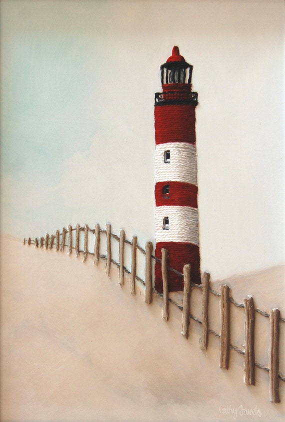 Lighthouse Painting Nautical Decor Stripy Red Beach
