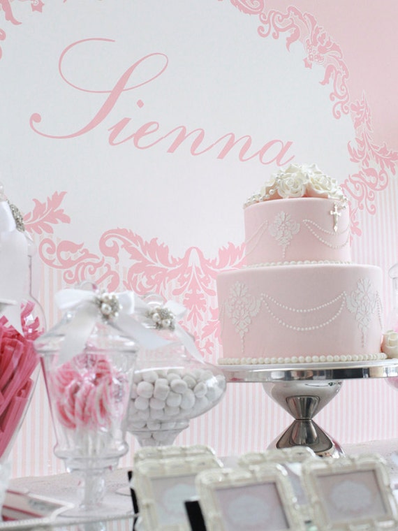 GIRL DAMASK BAPTISM Printable Party 46x33 Backdrop - Pink - You Print Il_570xn