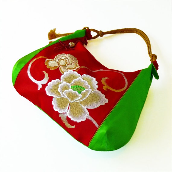 Japanese Obi Over Size Hobo Bag - Red / Neon Green