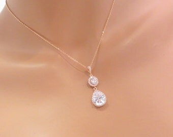 Rose gold necklace, Bridal jewelry, Bridal necklace, Bridesmaid necklace, Simple necklace, Crystal Bridal necklace, Dainty Teardrop necklace