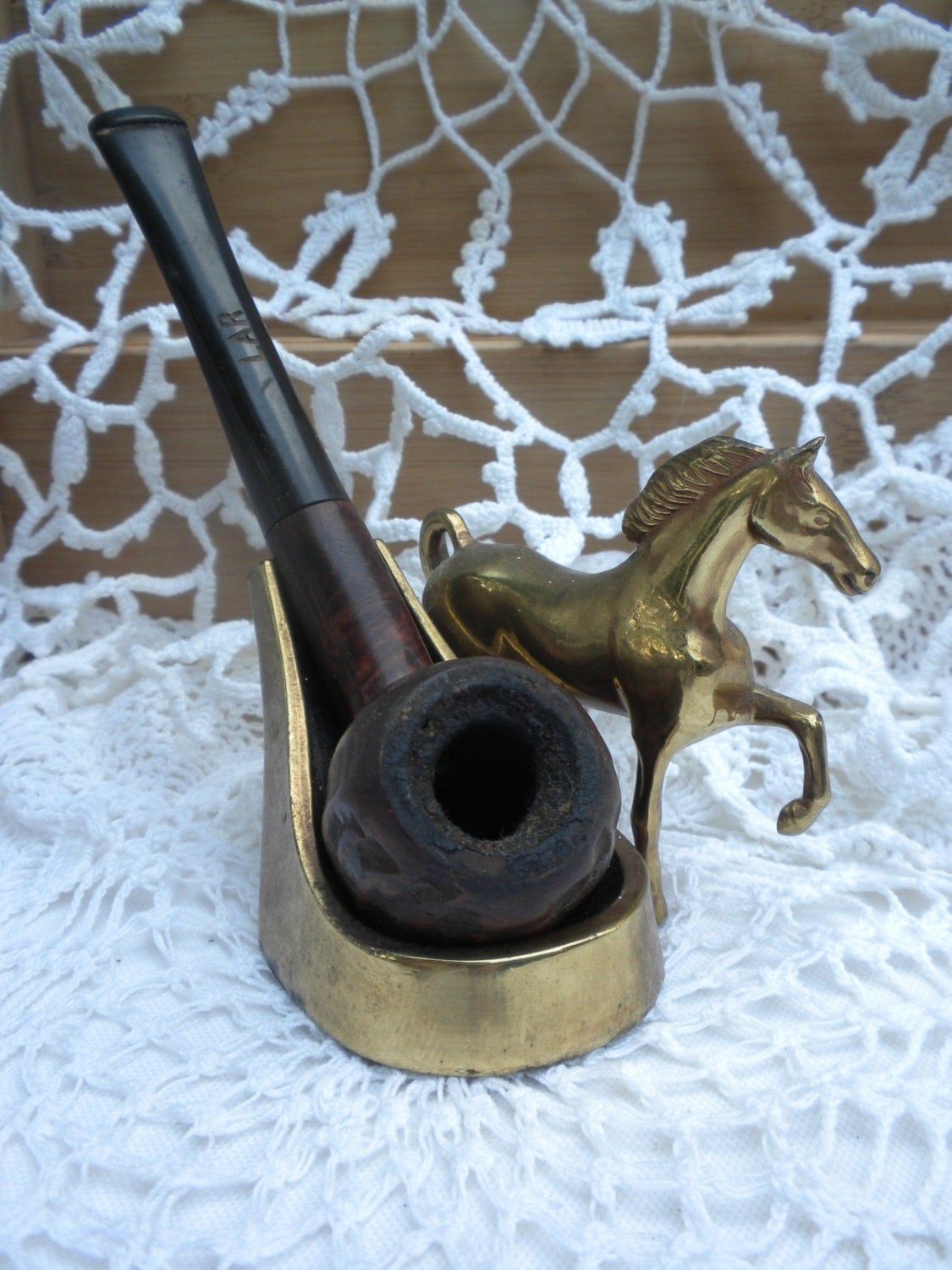 vintage pipe holder and briar wood pipe 1950's brass