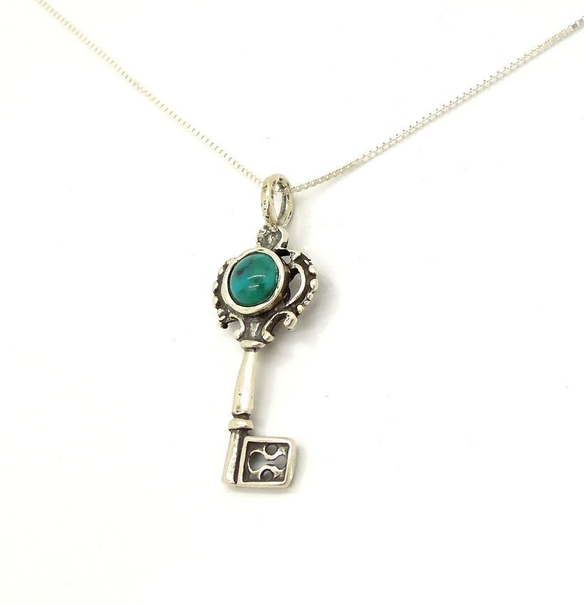 Silver pendant key shape with turquoise silver necklace