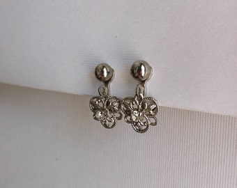 Vintage Silver Tone Dangle Rhinestone Earrings Screw On Fleur De Lis