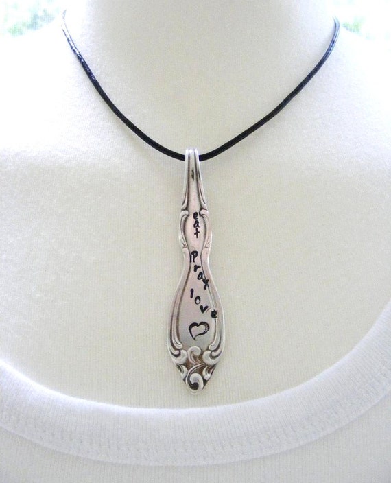 Vintage Spoon Pendant Stamped with Eat Pray Love by meiguidesigns