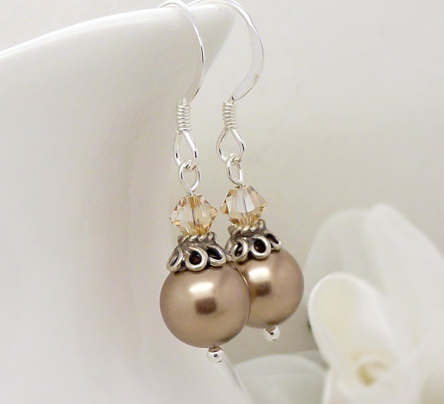 Champagne pearl earrings Light brown pearl drop earrings