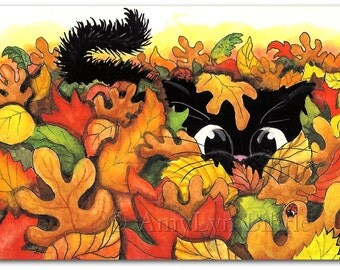 Black Cat Hiding in Autumn Leaves - Art Prints by AmyLyn Bihrle ck220