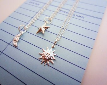 3 best friend necklace. Silver moon, star, sun friendship necklaces. Best friend gift, silver-plated tiny charms. Sun moon necklace. Star.