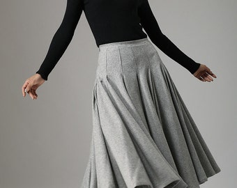 light gray skirt, wool skirt, midi skirt, winter skirt, swing skirt, pleated skirt, high waisted skirt, unique skirt, made to order (748)