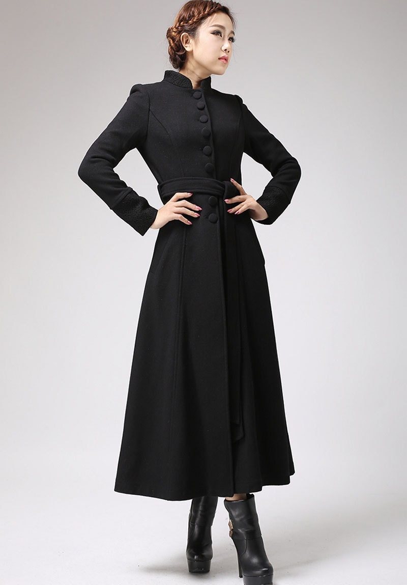 Long Black Dress Coat with Mandarin Collar Single Breasted