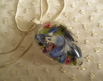 Blue And White Lobelia, Pink Heather, Purple Alyssum Pressed Flower Glass Teardrop-Pendant-Nature's Art-Gifts Under 30