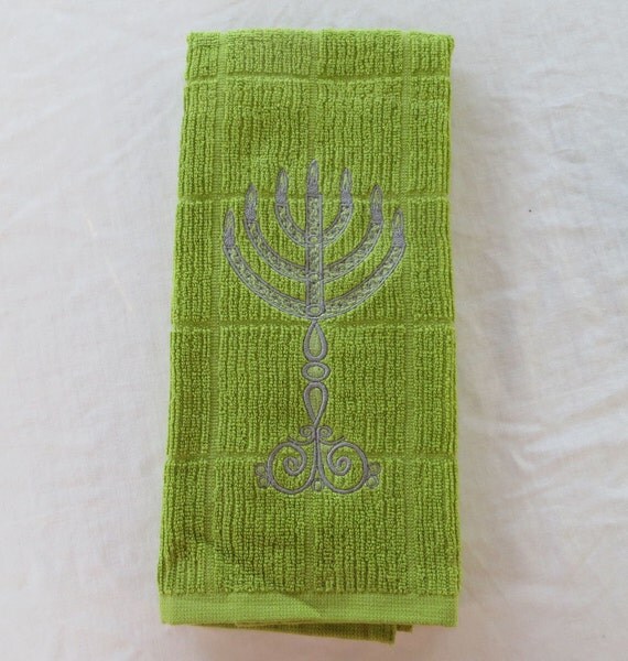 Items similar to Olive Green Dish Towel with Embroidered Menorah Great