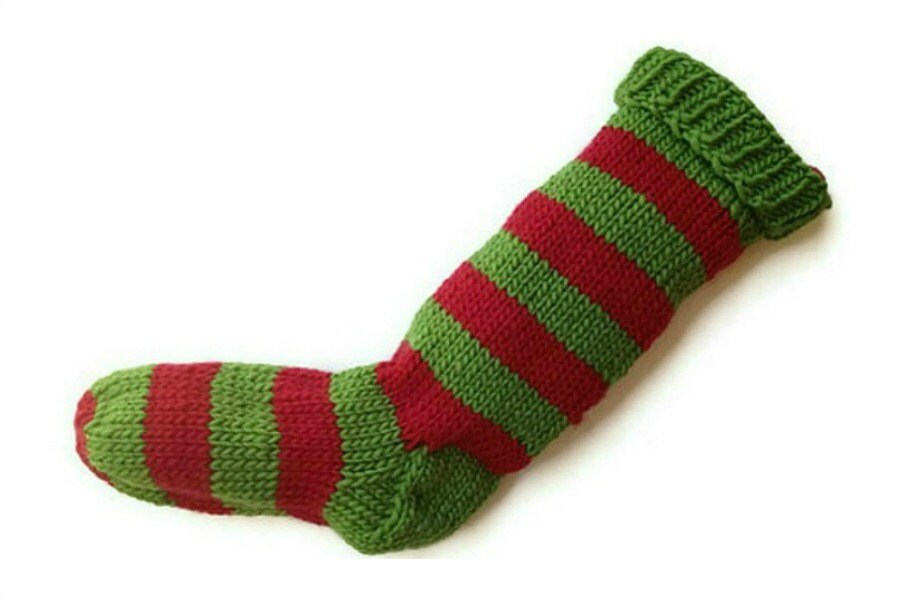 Hand Knit Christmas Stocking Hand Knit Green and Red Striped Santa Sock