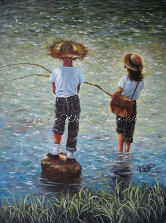 Boy and Girl Fishing Art Print fishing wall art brother