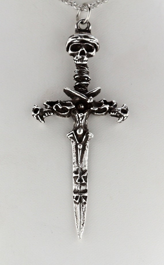 Skull and bones dragon Pirate sword pendant on matching chain