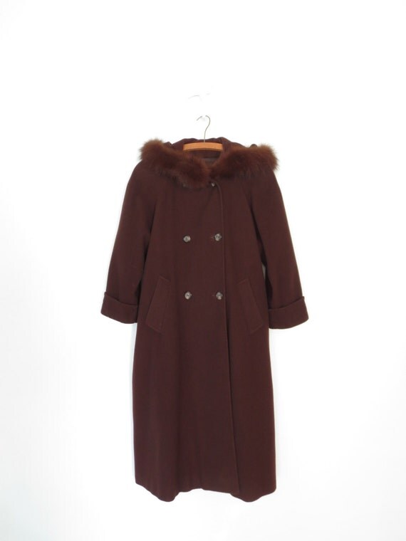 Hooded Wool Coat // Vintage Fur Trim Jacket // Chocolate Brown