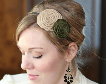 Adult Headband in Tan and Olive Green, Flower Headband for Women and Girls, Rosette Headband