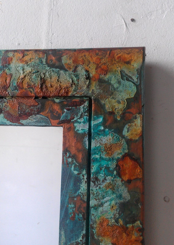 Copper Verdigris and Rusted Iron Framed Wall Mirror 14 by 12