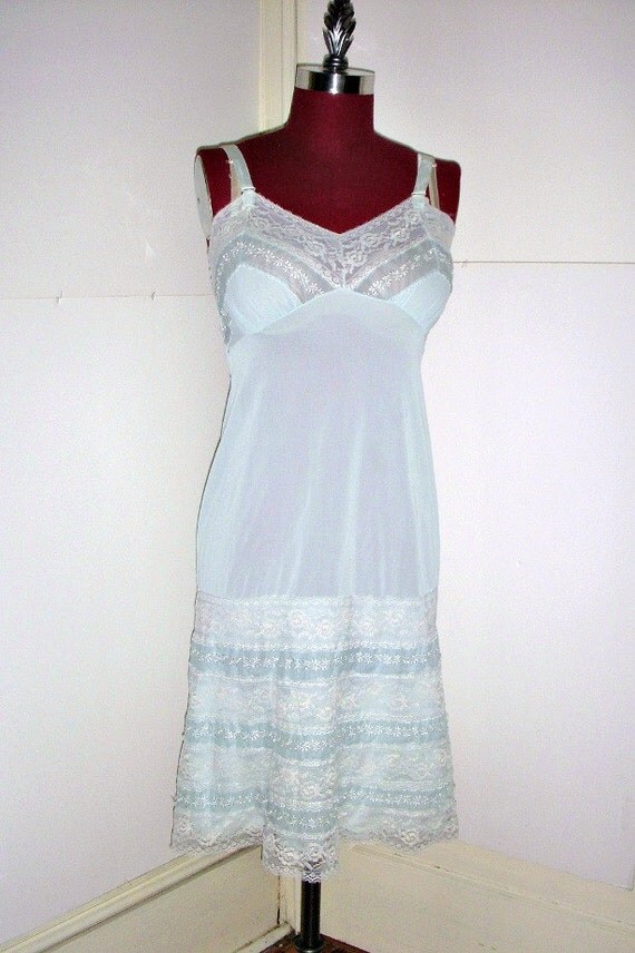 Vintage Pale Blue Nylon Slip 34 Bust Blue Lacy Slip by karen6790