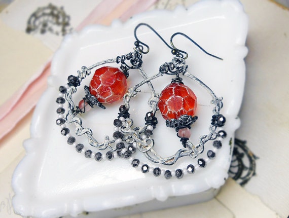 Rustic Beaded Earrings - Assemblage Festoon Hoops - Faceted Red Beads, Painted White Hammered Wire, Silver, Pink Glass - Assemblage Earrings