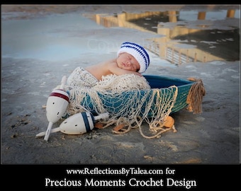 Newborn Sailor Hat, Baby Crochet Sailor Hat, White and Blue Sailor Hat, Newborn Photo Prop