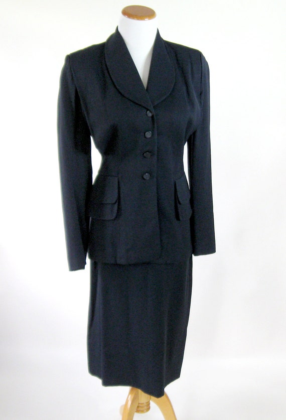 40s Navy Blue Suit WWII Jacket Skirt Set Womens Medium