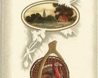 Antique Postcard Vintage Thanksgiving Greetings - Turkey - Autumn Country Cottage Scene - 1910 - Embossed