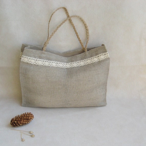 Natural Linen Lace Gift Tote Bag Burlap Bridesmaid Custom