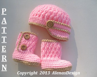 Crochet PATTERN Set  TwoButton Baby Booties  Baby Visor Hat Newborn 