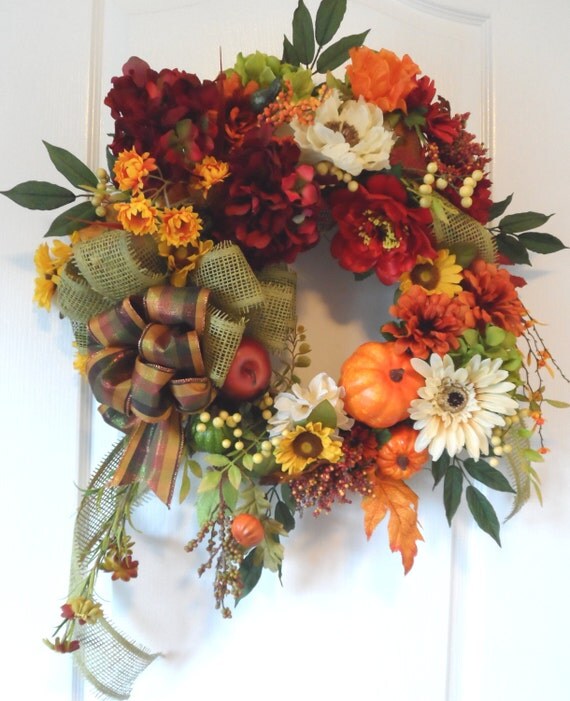 Traditional Fall Red and Orange Wreath with Burlap Ribbon