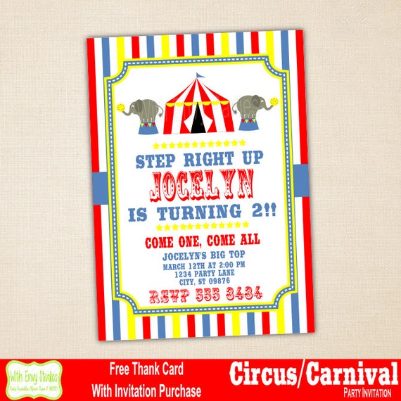 Circus Printable Invitation, Circus Party Invitation, Carnival Invitation, Digital Invite, Circus Printables, Printing Available Il_570xn