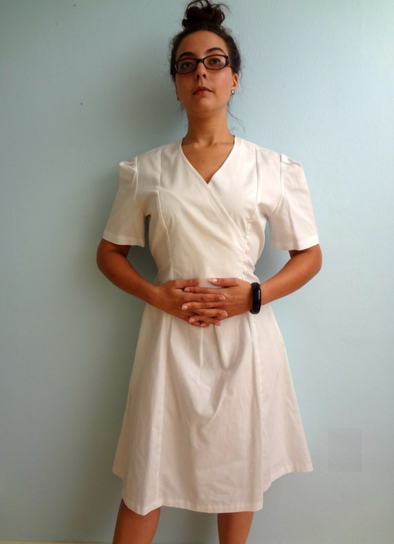 SALE Vintage Faux Wrap  Dress  Nurse Uniform White  Nurse