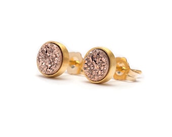 Rose Gold in Yellow Gold Stud Earrings - Druzy / Drusy Quartz Studs - 24k Gold Vermeil Stud Earrings - Round 6mm - Bezel Set Stud Earrings