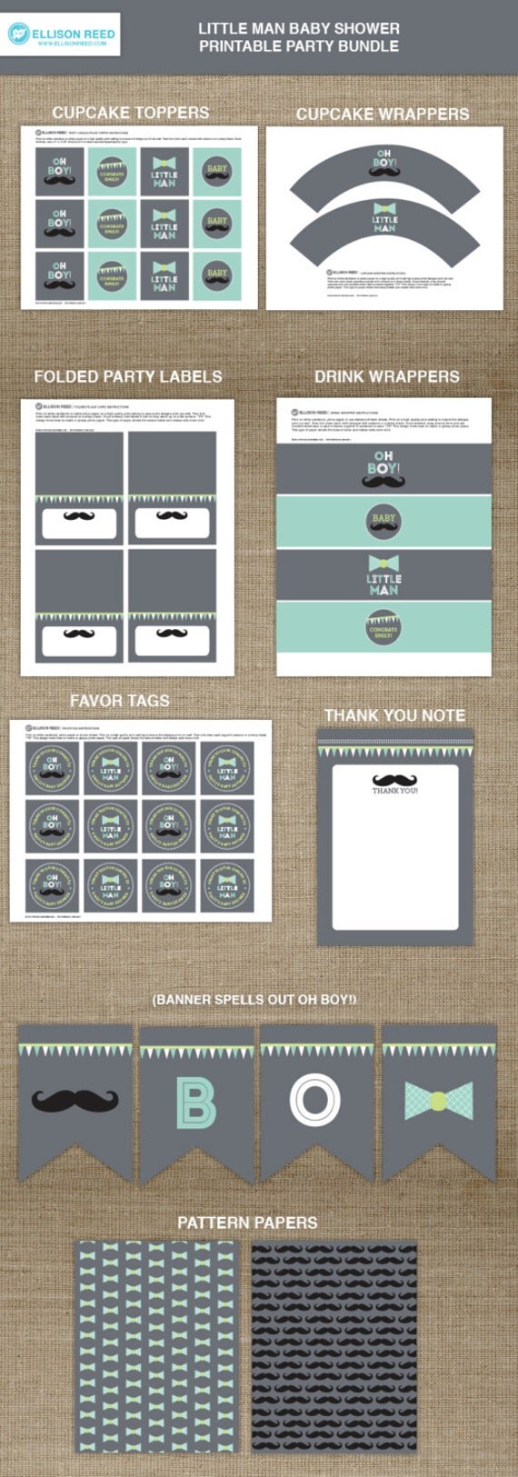 Little Man Baby Shower Printable Party Bundle - Mustache Printable Party - Boy Baby Shower Decorations - Bow tie printable - Baby Sprinkle Il_570xn