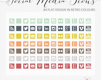 Social media icons - 84 Flat design retro social media icons for blogs and web