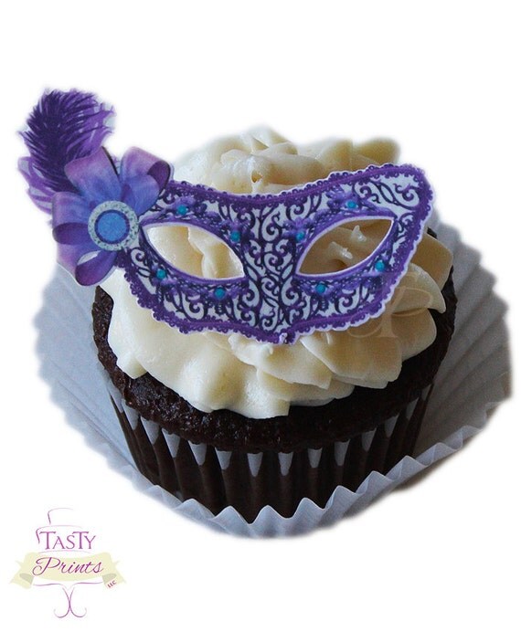 12 Edible Decorations - Masquerade Food Decorations - Purple Masquerade Mask Cupcake Topper Il_570xn
