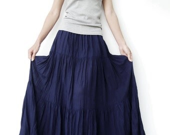 NO.5 Indigo Blue Cotton Gauze, Hippie Gypsy Boho Tiered Long Peasant Skirt