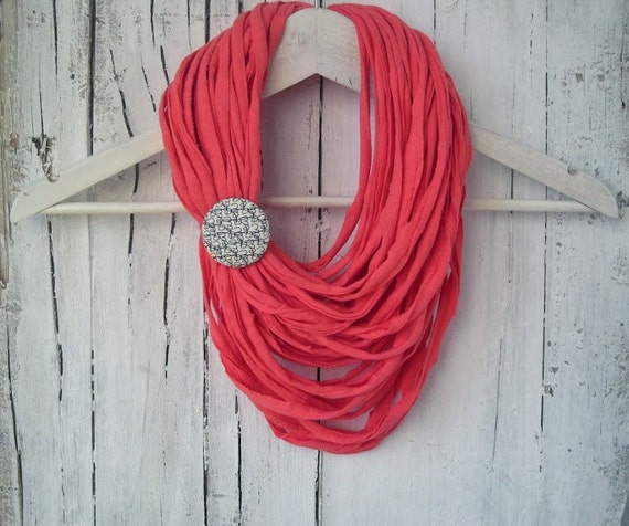 Coral pink multi-strand upcycled elastic jersey fabric necklace with removable brooch