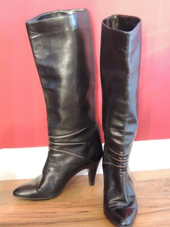 Vintage Black and Tan leather knee high boots by RandomRevamps