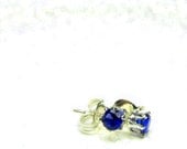 September Birthstone Earrings, Simulated Sapphire and Sterling SIlver Stud Earrings, Tiny Post Earrings