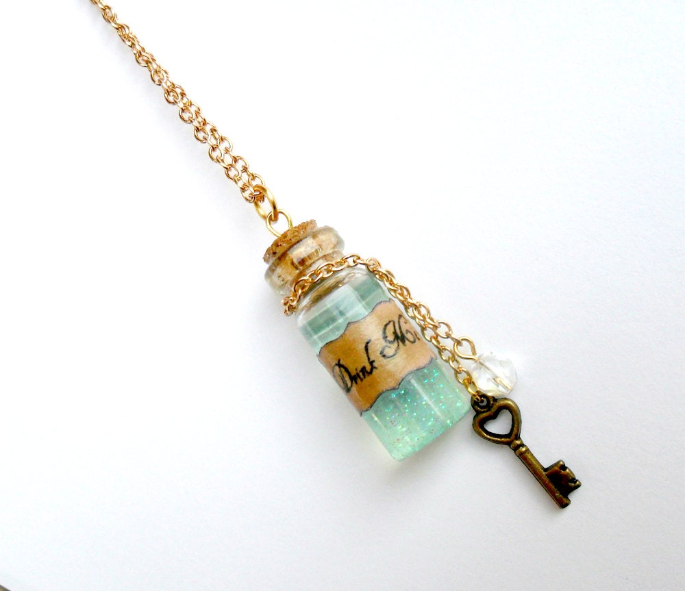 Alice In Wonderland Drink Me Bottle Charm Necklace Rose Gold
