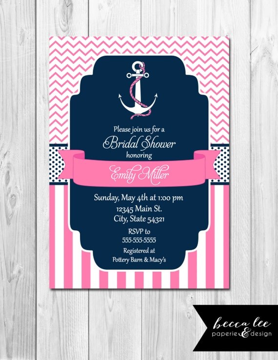 Bridal Shower, Birthday Party, Bachelorette Party Invitation - Pink and Blue Nautical - Stripes and Chevron -DIY - Printable Il_570xn
