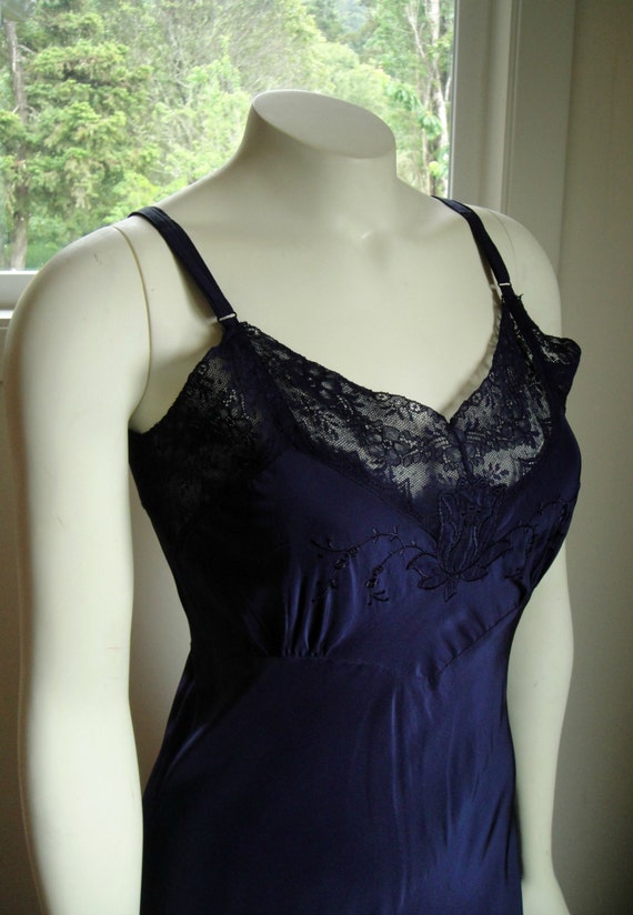 Vintage 50s Navy Blue Full Slip Silk Satin 4366