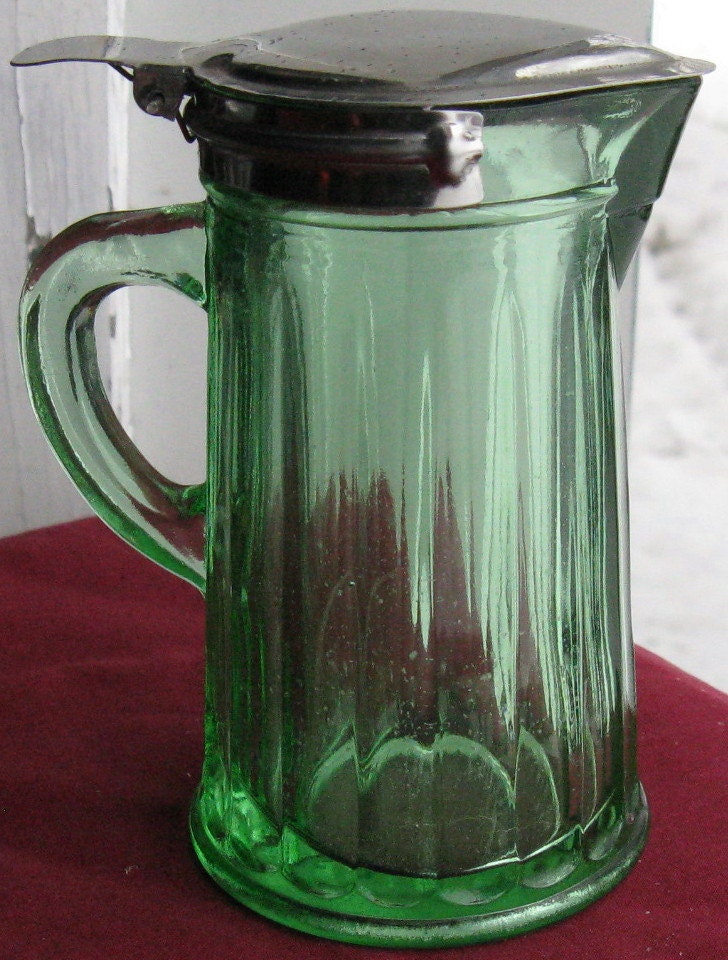 Vintage Green Glass Cream Pitcher with Removable Steel Lid