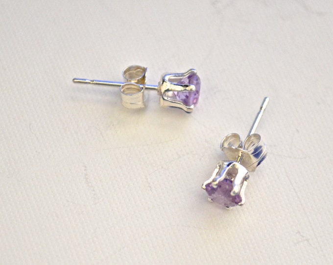 Amethyst Studs, Natural, Dainty 4mm Round, 0.45ct. Set in Sterling Silver E394