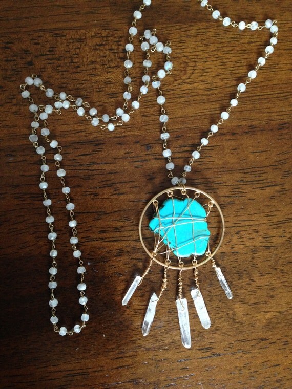 Items similar to Turquoise & Crystal Dream Catcher Necklace on Etsy