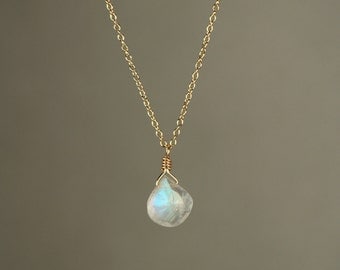 Moonstone necklace - rainbow moonstone necklace - dainty and delicate - A tiny teardrop moostone on a 14k gold vermeil chain
