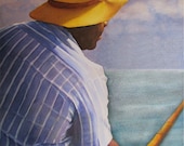Original Fine Art Watercolor of "Just Fishing." Blues, yellows, and sunset hues describe the colors of this painting of fishing by the sea.
