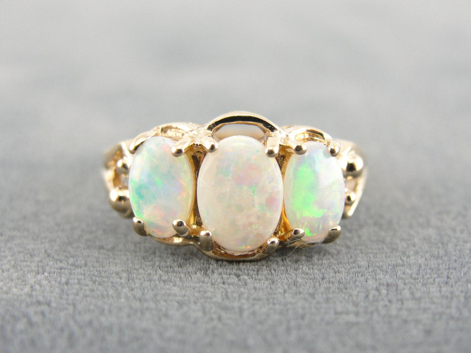 Vintage Three Stone Opal Ring with Bright Color Flash Circa