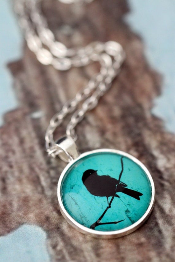 FREE SHIPPING Turquoise Bird Silhouette - silver or bronze pendant necklace. Teal green jewellery.